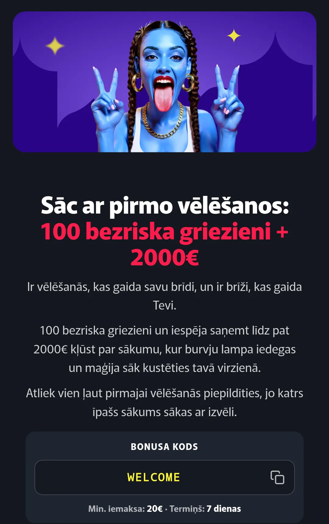 Aladins iepazīšanās piedāvājums — ekrānuzņēmums no Aladins oficiālās vietnes