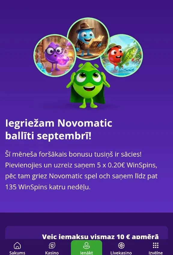 Laimz — Laimz nedēļas piedāvājumi — Novomatic un live kazino