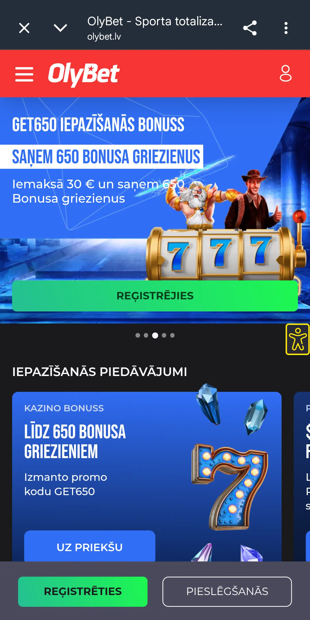 OlyBet iepazīšanās piedāvājums — ekrānuzņēmums no OlyBet oficiālās vietnes
